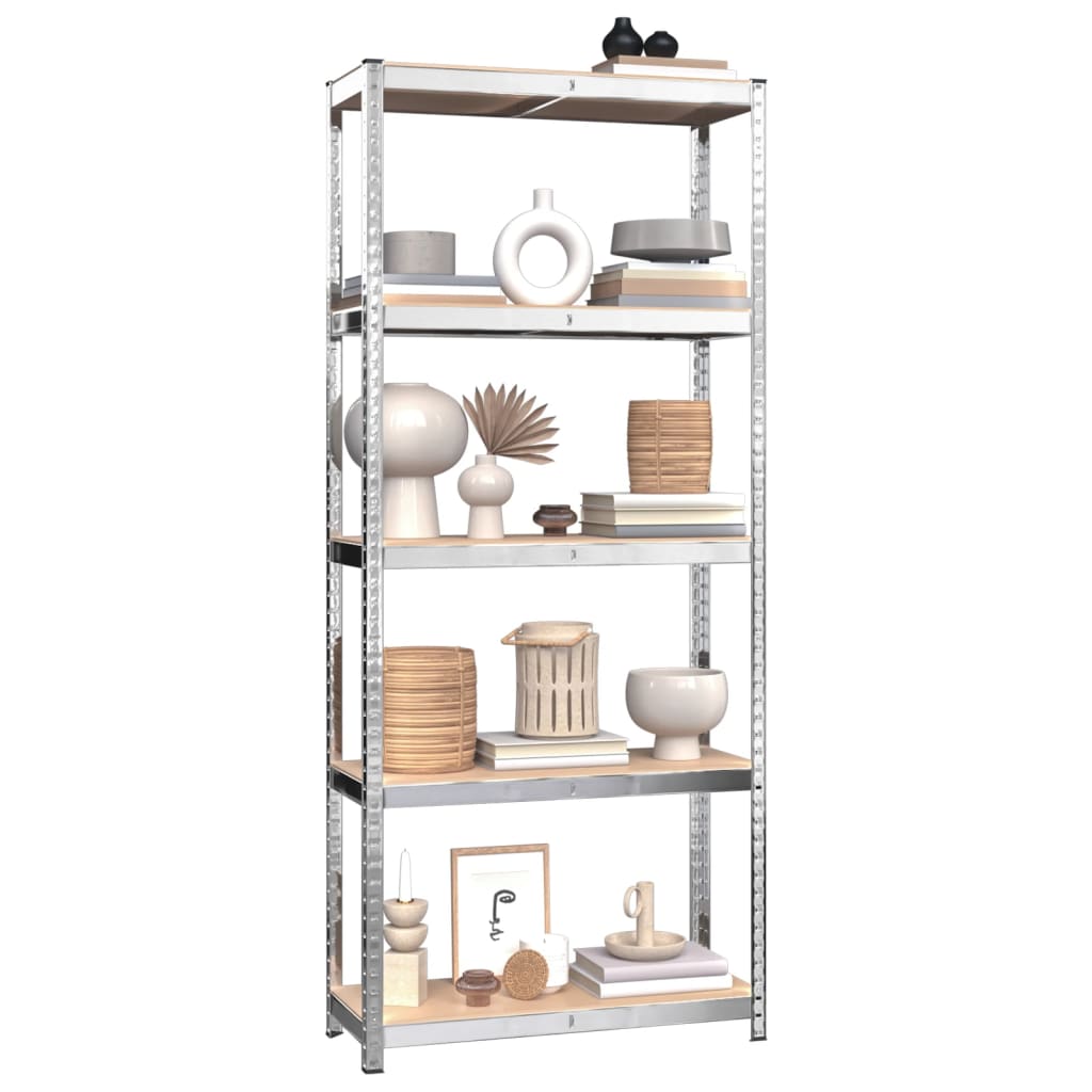 Shelves 5 Shelves 2 pcs Silver in Steel and Multilayer Wood