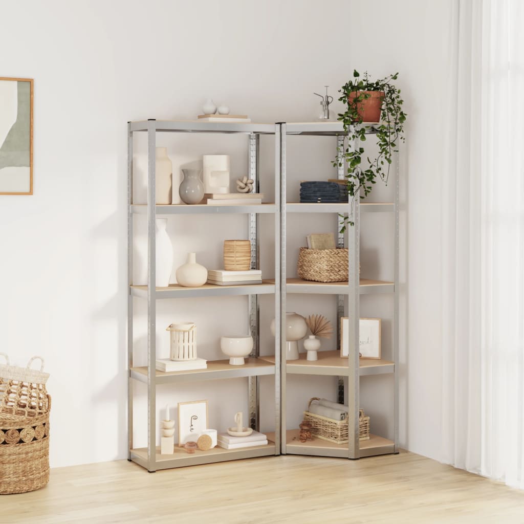 Shelves 5 Shelves 2 pcs Silver in Steel and Multilayer Wood