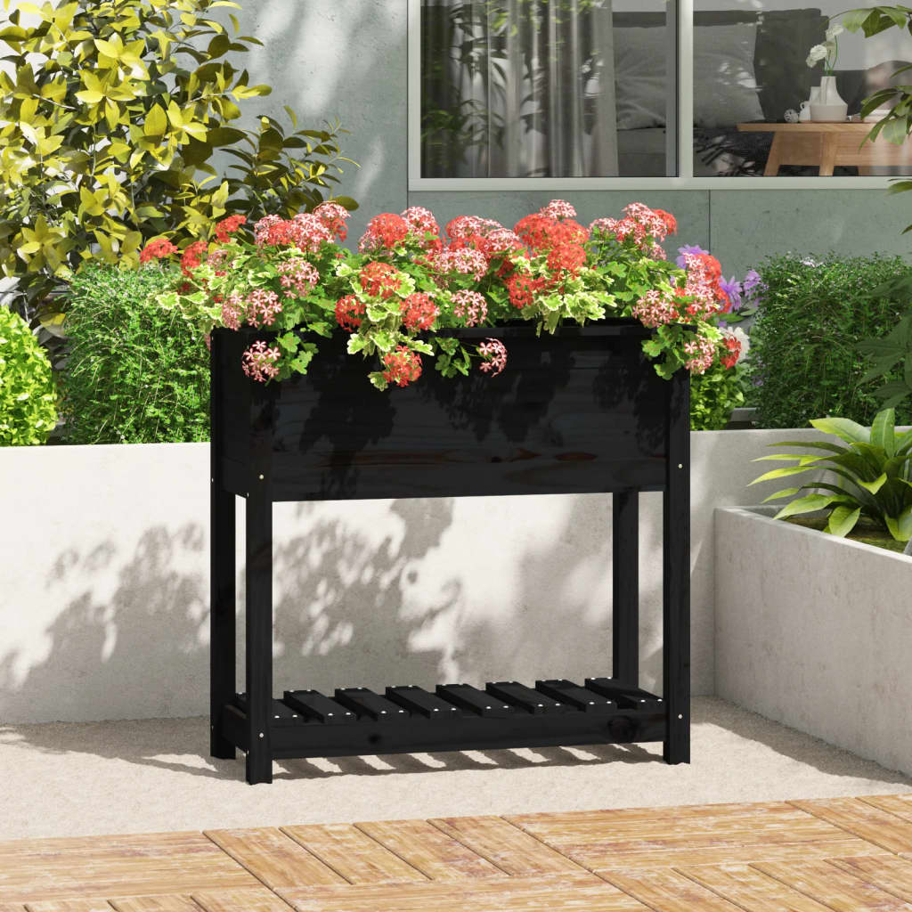 Fioriera con Mensola Nera 82,5x34,5x81cm Legno Massello di Pino | homemem39