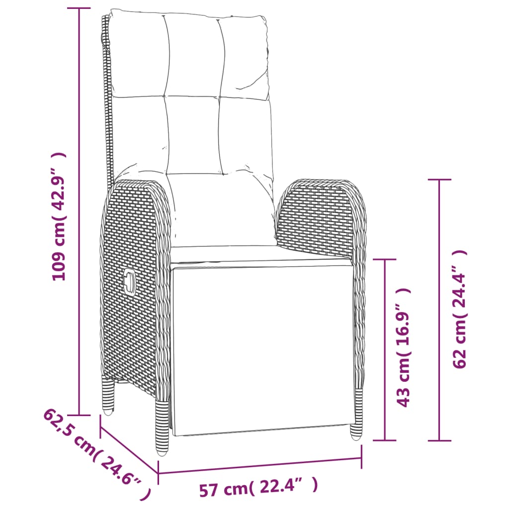 Sedie Reclinabili da Esterno con Cuscini 2 pz Polyrattan Nere