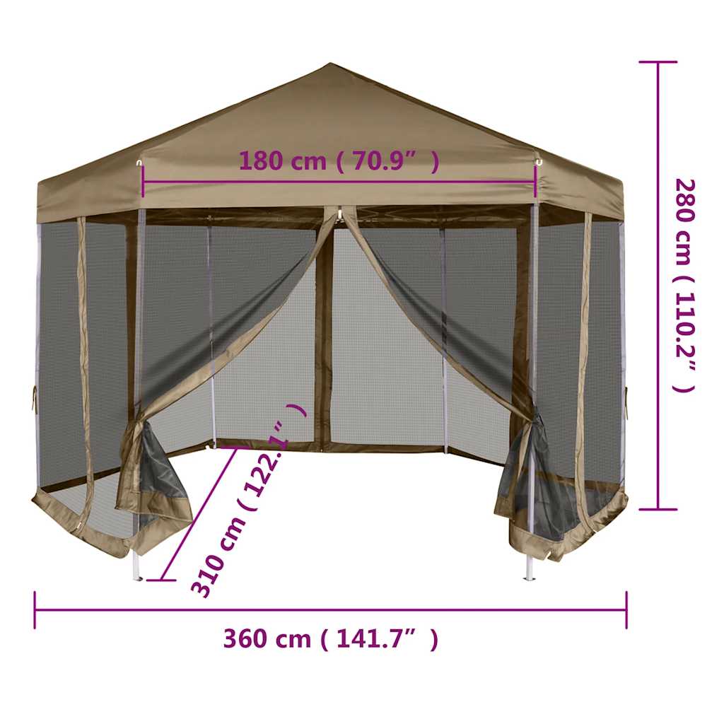 Tendone Esagono Pop-Up Pareti Laterali 3,6x3,1m Tortora 220g/m² | homemem39