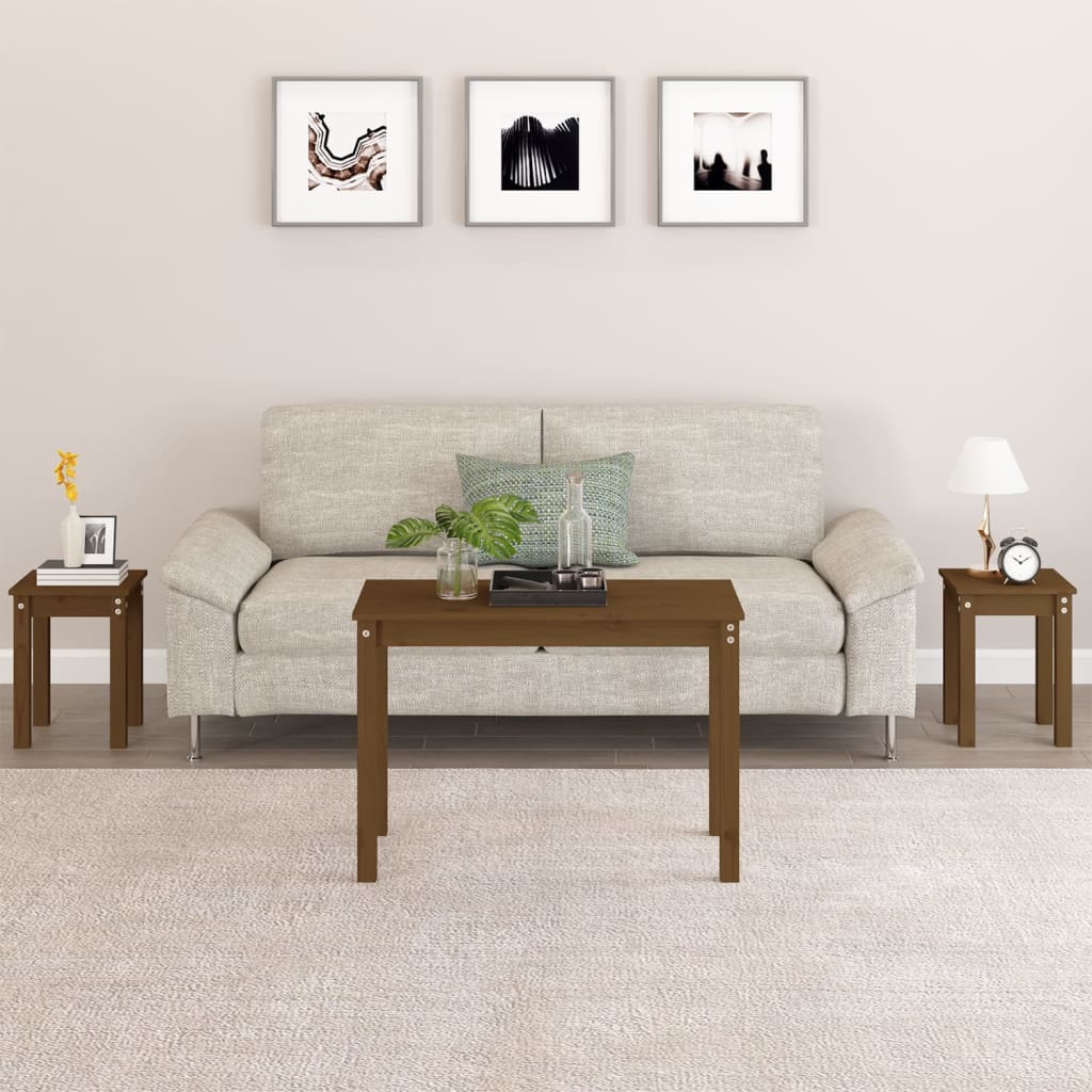 Tavolini a Incastro 3pz Marrone Ambra in Legno Massello di Pino - homemem39