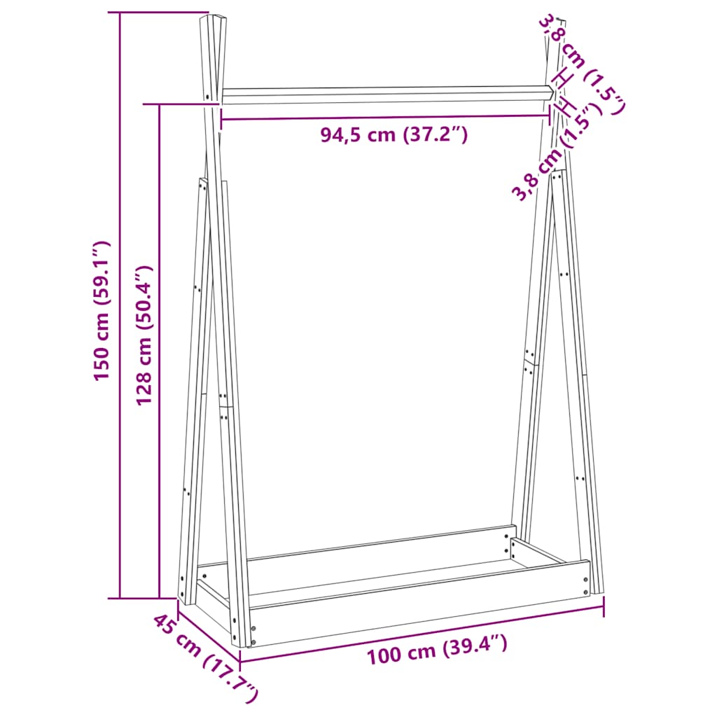 Appendiabiti 100x45x150 cm in Legno Massello di Pino - homemem39