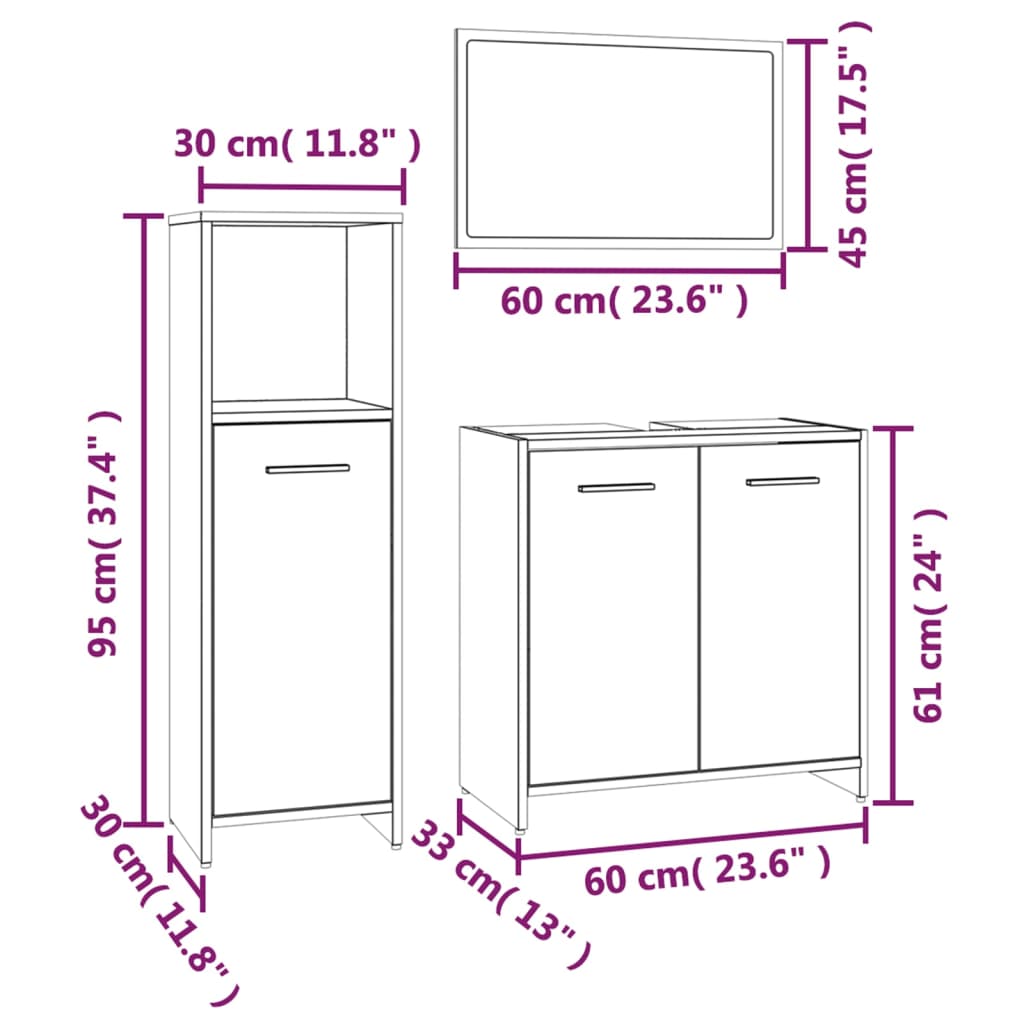 Set Mobili da Bagno 3 pz Grigio Sonoma in Legno Multistrato | homemem39