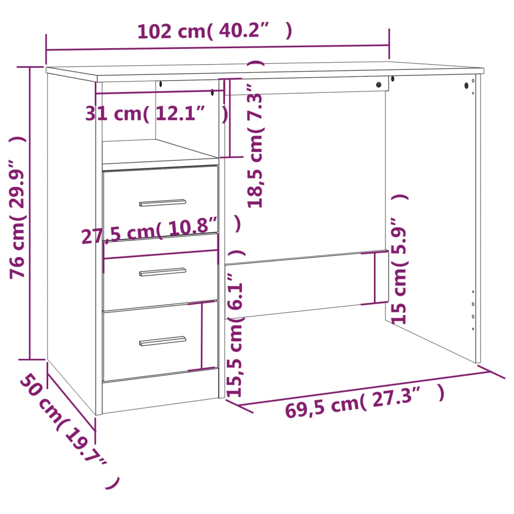 Schreibtisch mit Schubladen, glänzend weiß, 102x50x76 cm, Mehrschichtholz