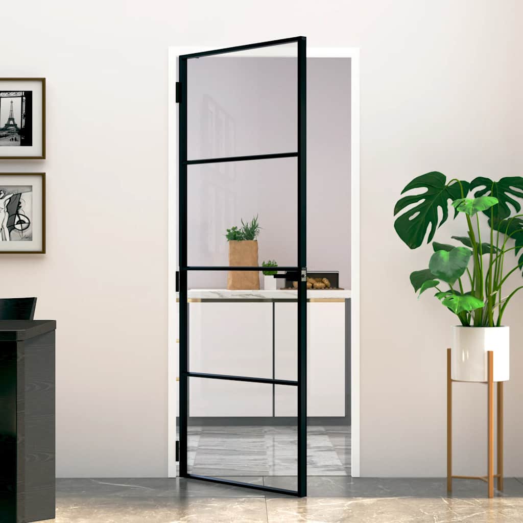 Porta Interna Nera 83x201,5cm Vetro Temperato Alluminio Sottile | homemem39