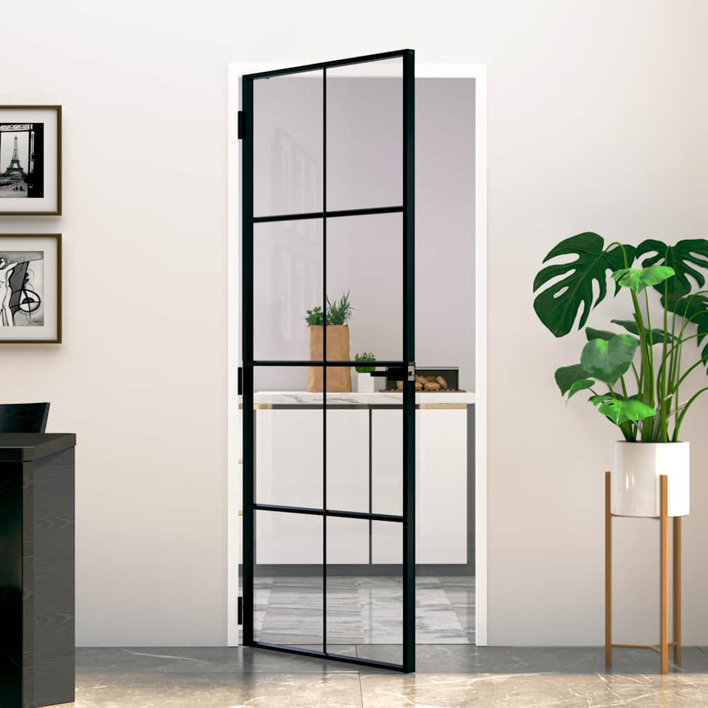 Porta Interna Nera 83x201,5cm Vetro Temperato Alluminio Sottile | homemem39