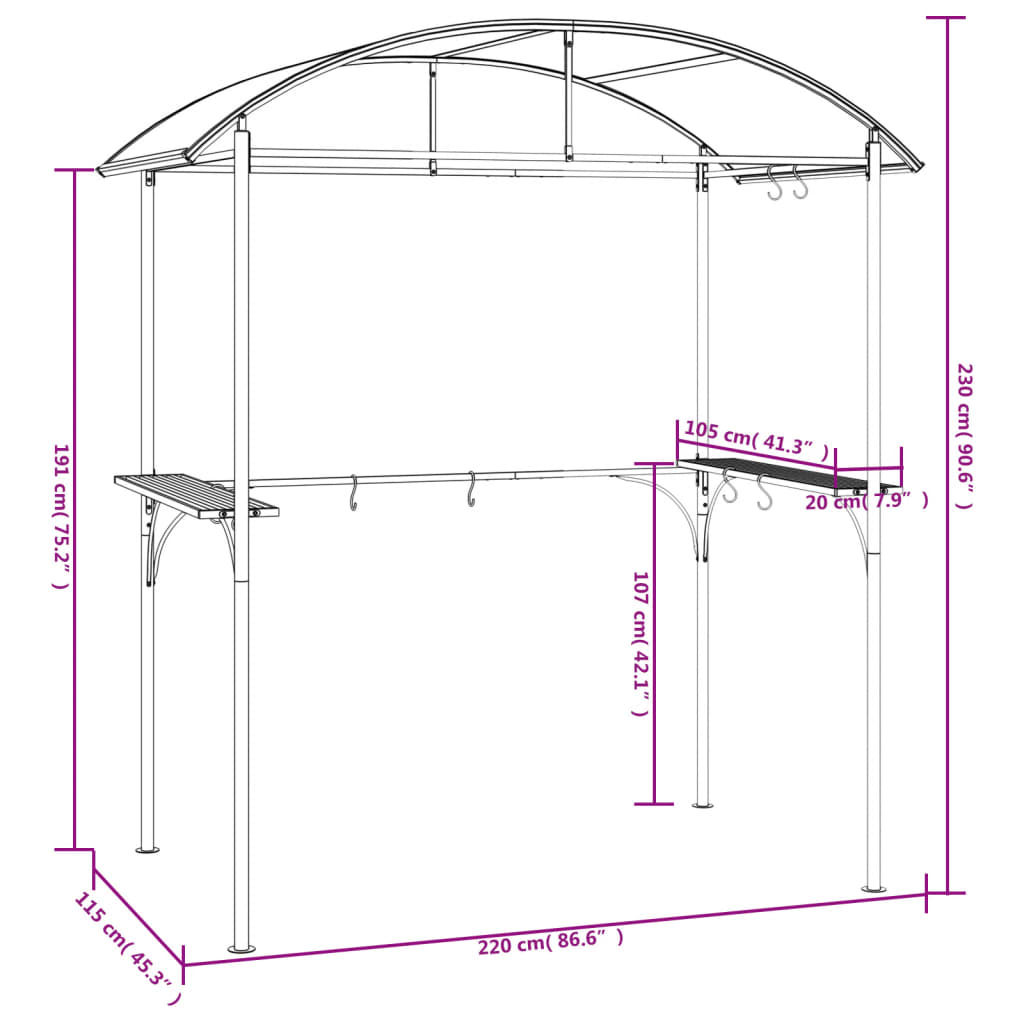 Gazebo Barbecue Ripiani Laterali Antracite 220x115x230 Acciaio | homemem39