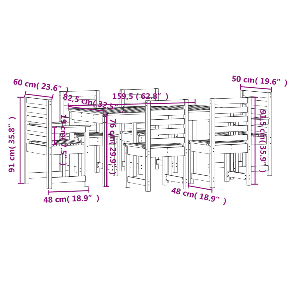 Set da Pranzo per Giardino 7pz Bianco in Legno Massello di Pino | homemem39