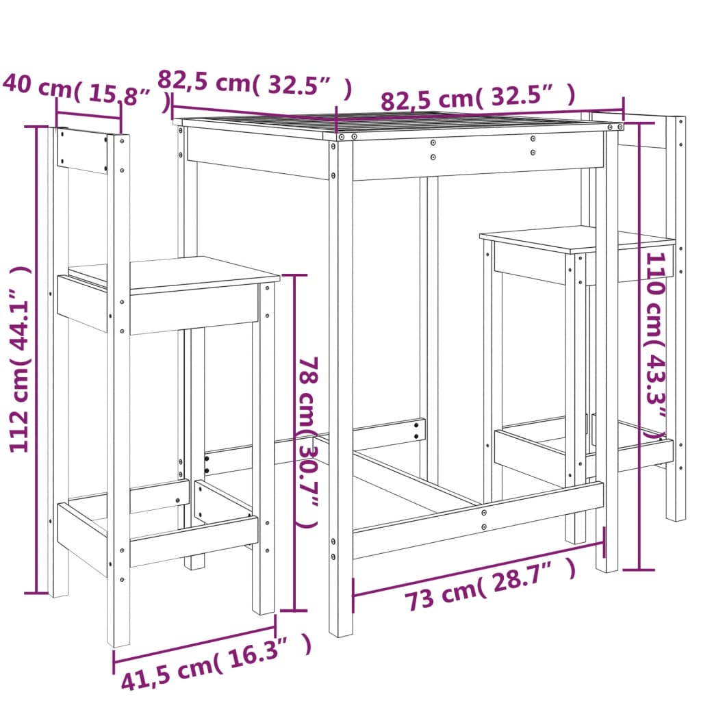 Set Bar da Giardino 3 pz in Legno Massello di Pino