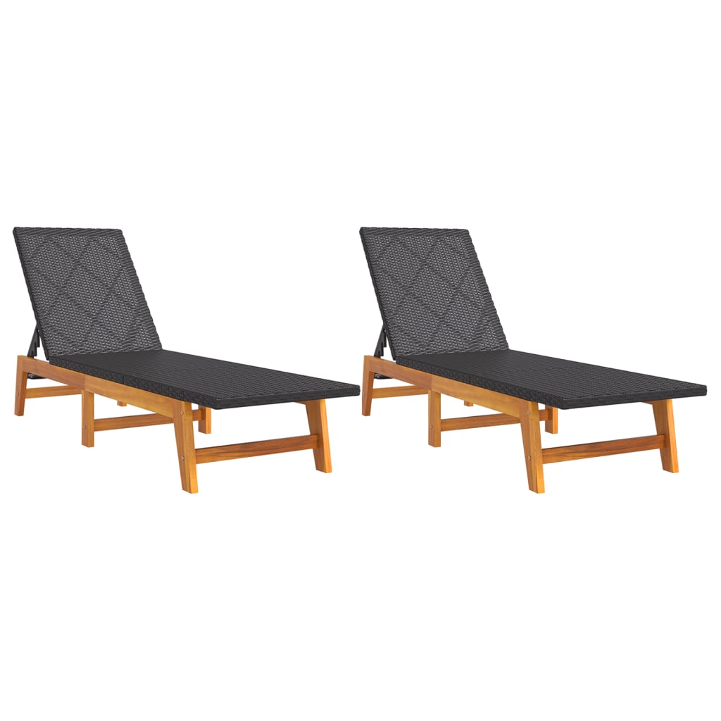 Deckchair 2pcs Black and Brown Polyrattan and Solid Acacia Wood