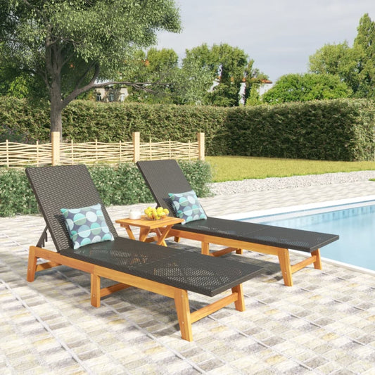 Deckchair 2pcs Black and Brown Polyrattan and Solid Acacia Wood