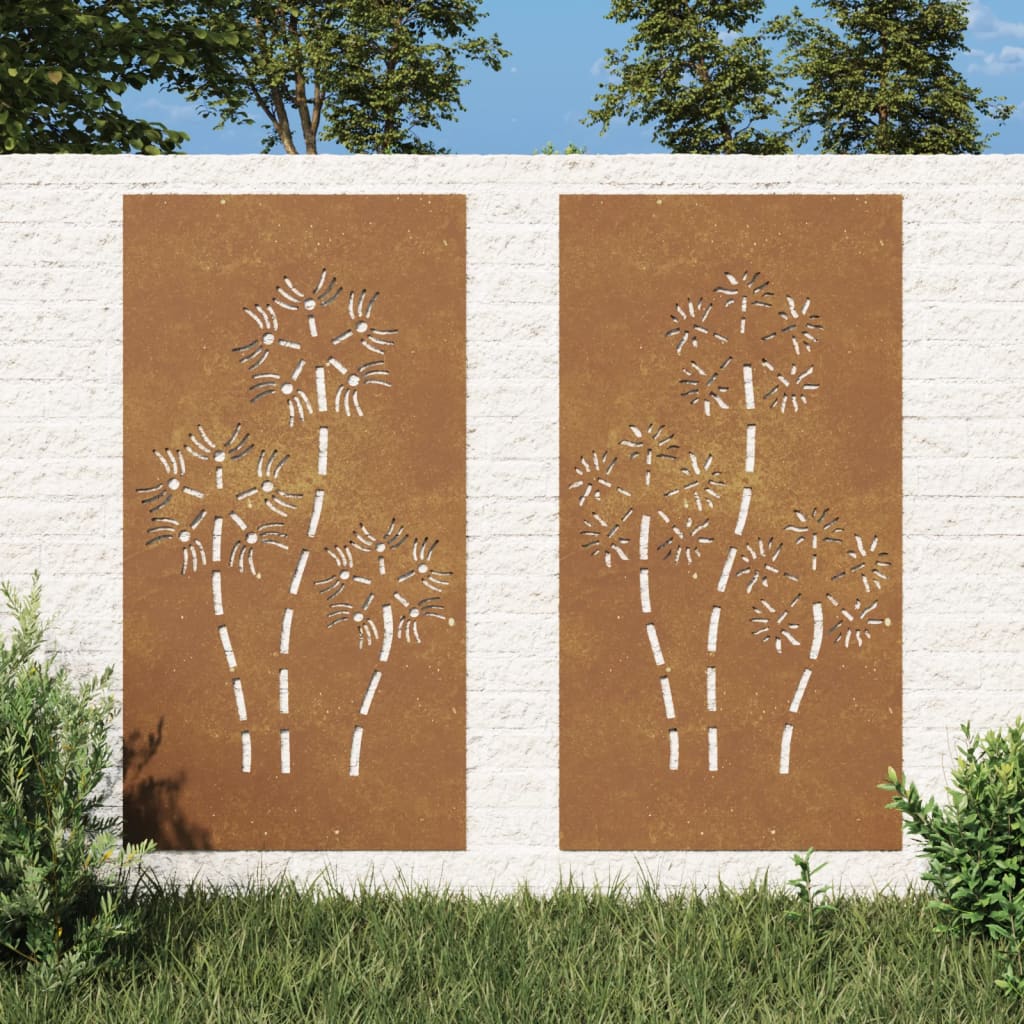 Decorazioni Muro da Giardino 2pz 105x55 cm Fiore Acciaio Corten - homemem39