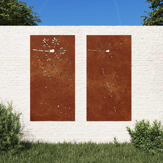 Decorazioni Muro da Giardino 2pz 105x55 cm Fiore Acciaio Corten