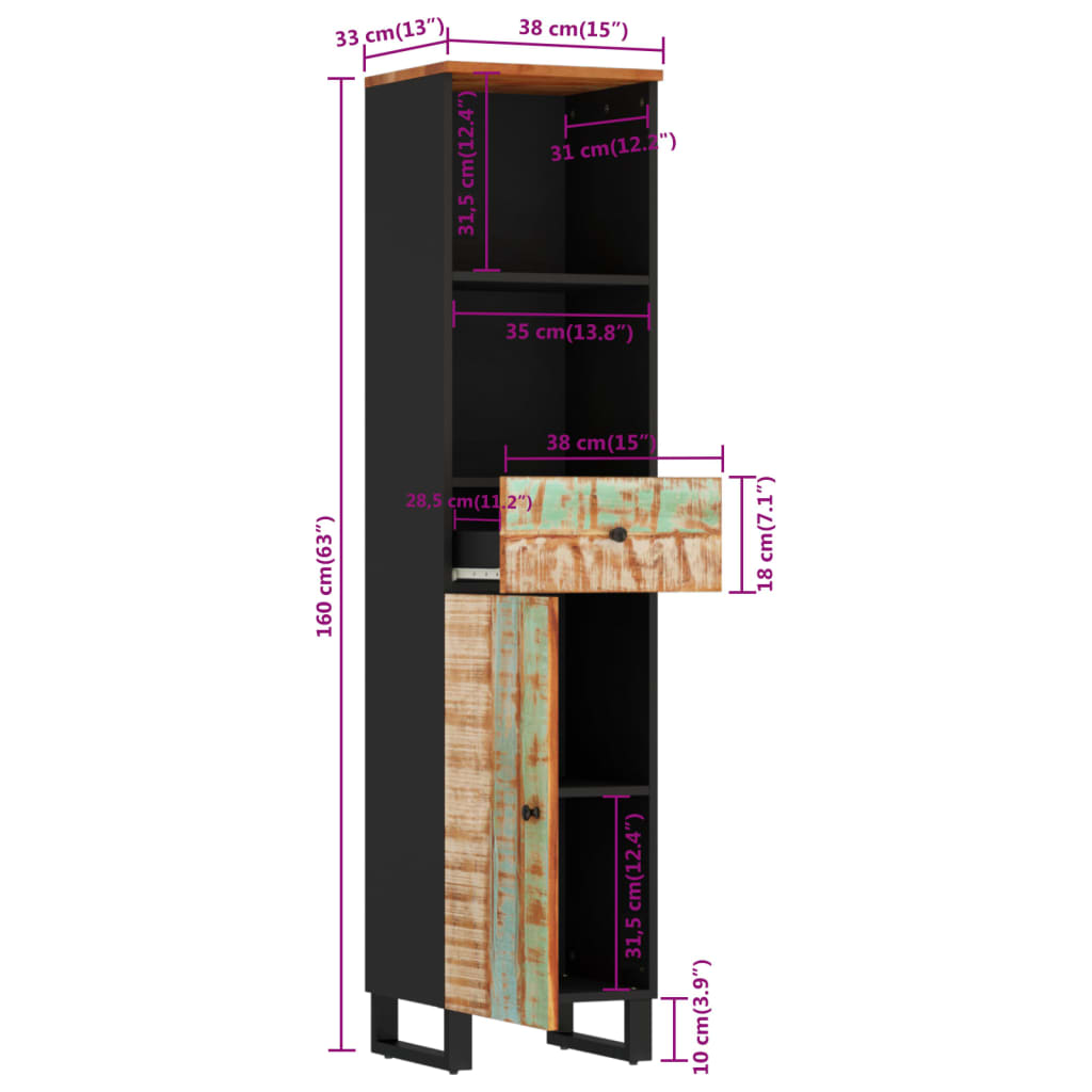 Mobile da Bagno 38x33x160 cm in Legno Massello di Recupero - homemem39