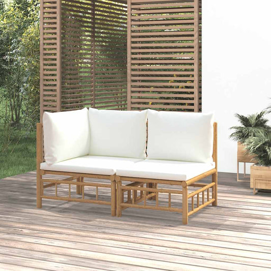 Set Salotto da Giardino 2pz con Cuscini Bianco Crema in Bambù | homemem39