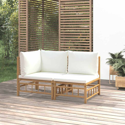 Set Salotto da Giardino 2pz con Cuscini Bianco Crema in Bambù