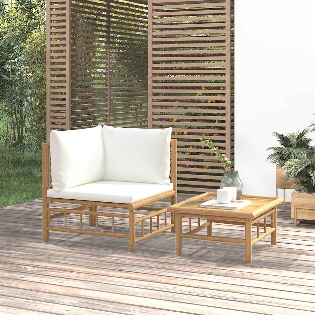 Set Salotto da Giardino 2pz con Cuscini Bianco Crema in Bambù | homemem39