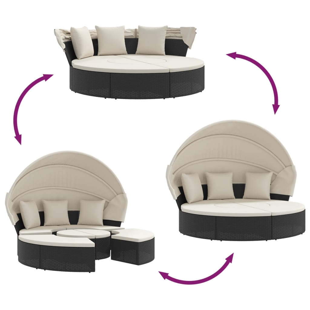 Lettino Prendisole Esterno Tetto e Cuscini Nero in Polyrattan | homemem39