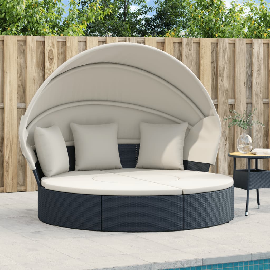 Lettino Prendisole Esterno Tetto e Cuscini Nero in Polyrattan | homemem39