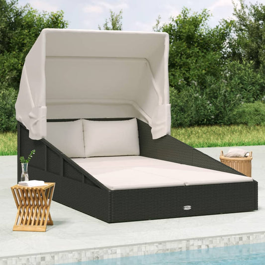 Lettino con Tettuccio Pieghevole Nero 200x114x128 cm Polyrattan - homemem39