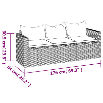 Divano da Giardino a 3 Posti con Cuscini in Polyrattan Grigio - homemem39