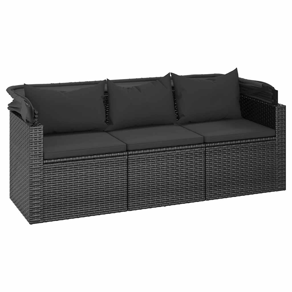 Divano Giardino 3 Posti con Tetto e Poggiapiedi Nero Polyrattan - homemem39