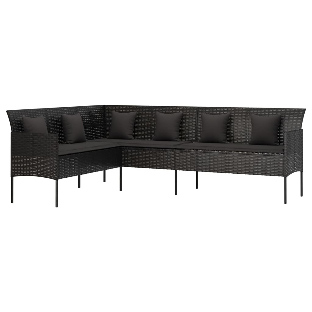 Divano da Giardino a L con Cuscini Nero in Polyrattan