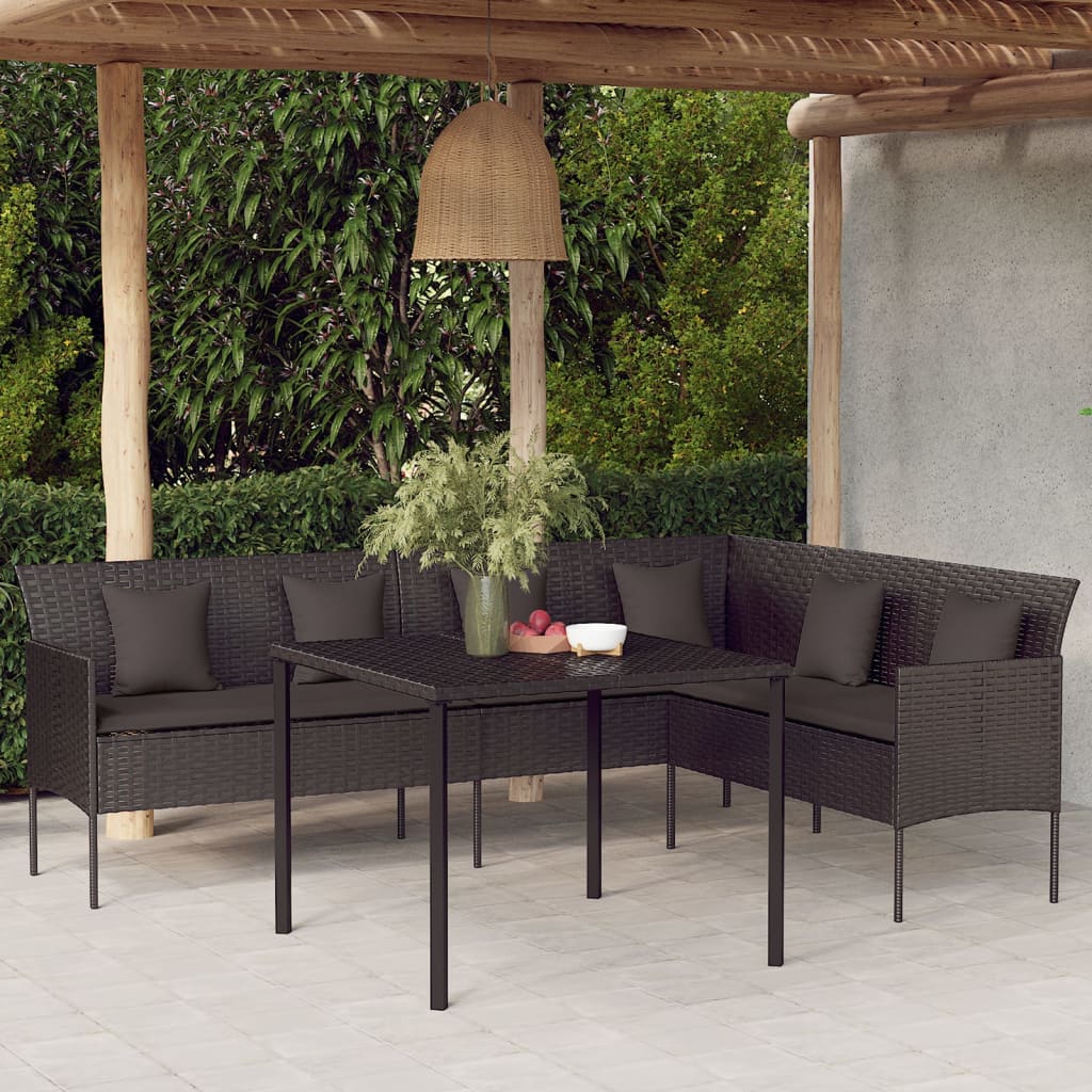 Divano da Giardino a L con Cuscini Nero in Polyrattan