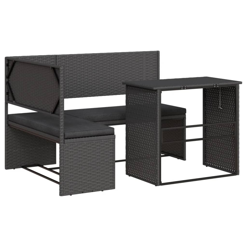 Divano da Giardino con Tavolo e Cuscini a L Nero in Polyrattan | homemem39