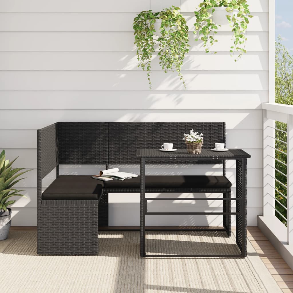 Divano da Giardino con Tavolo e Cuscini a L Nero in Polyrattan | homemem39