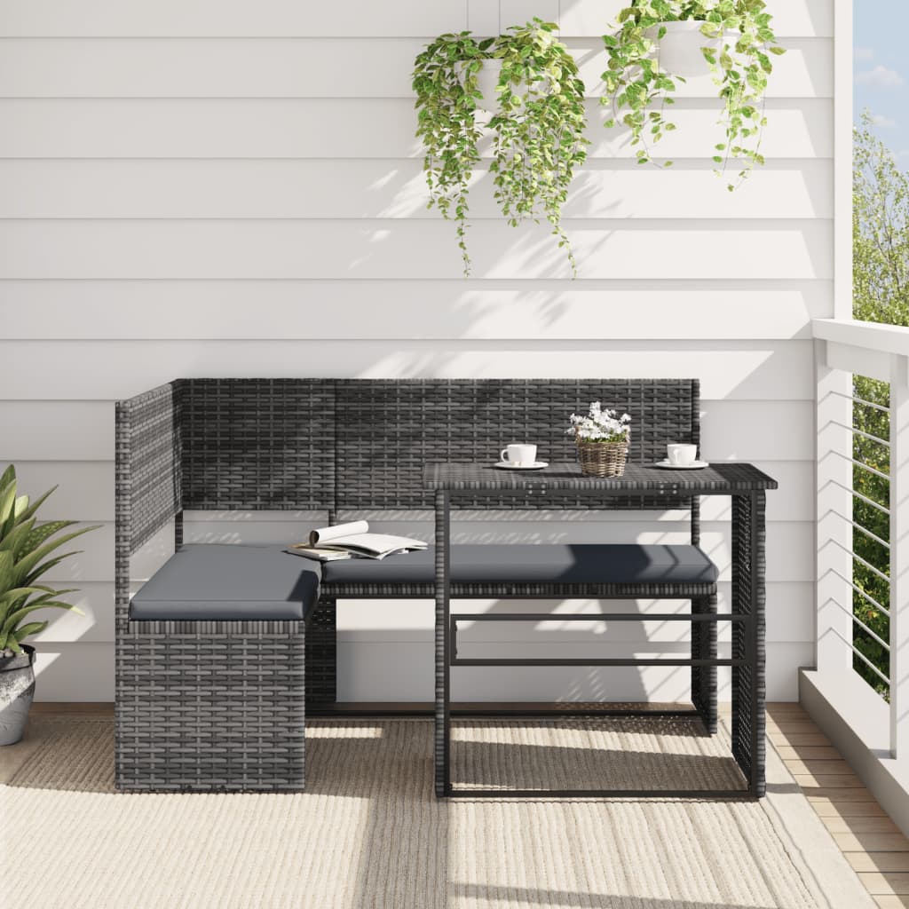Divano da Giardino con Tavolo e Cuscini a L Grigio Polyrattan - homemem39