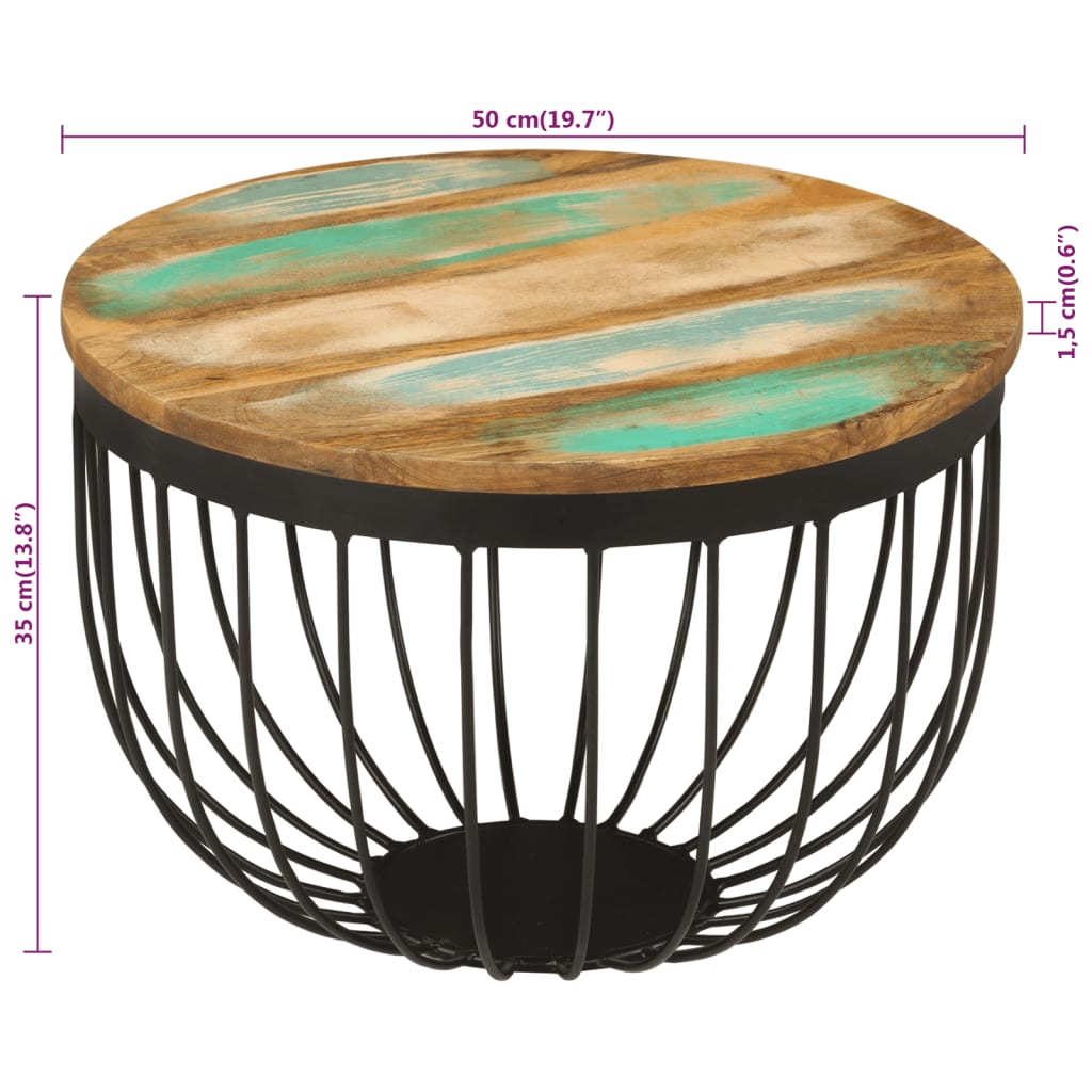 Tavolino Ø50x35 cm in Legno Massello di Recupero e Acciaio