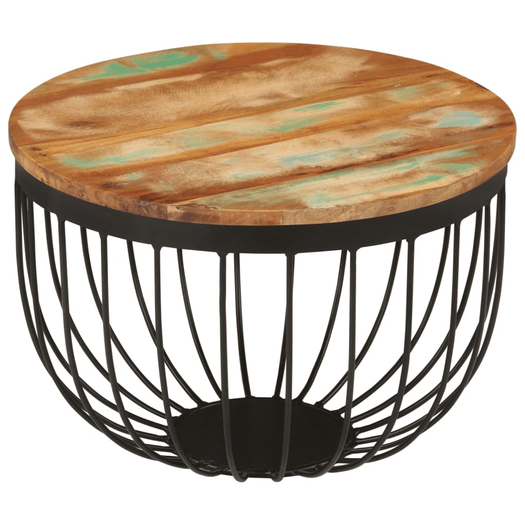 Tavolino Ø50x35 cm in Legno Massello di Recupero e Acciaio