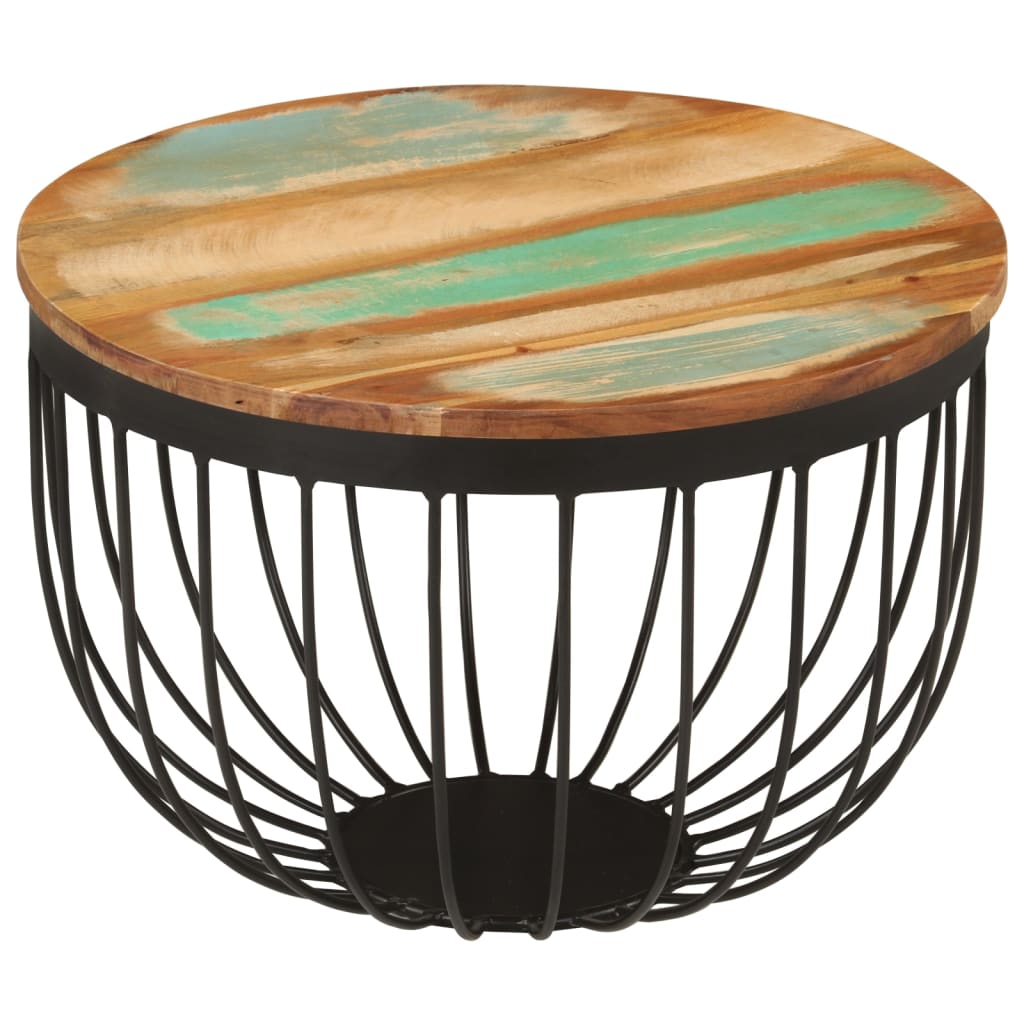 Tavolino Ø50x35 cm in Legno Massello di Recupero e Acciaio