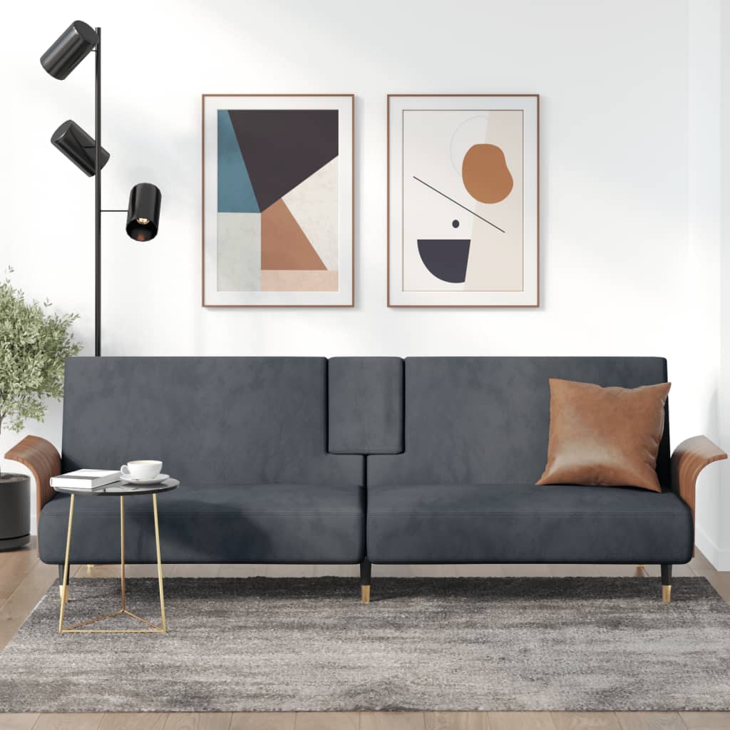 Divano Letto con Portabicchieri in Velluto Grigio Scuro | homemem39