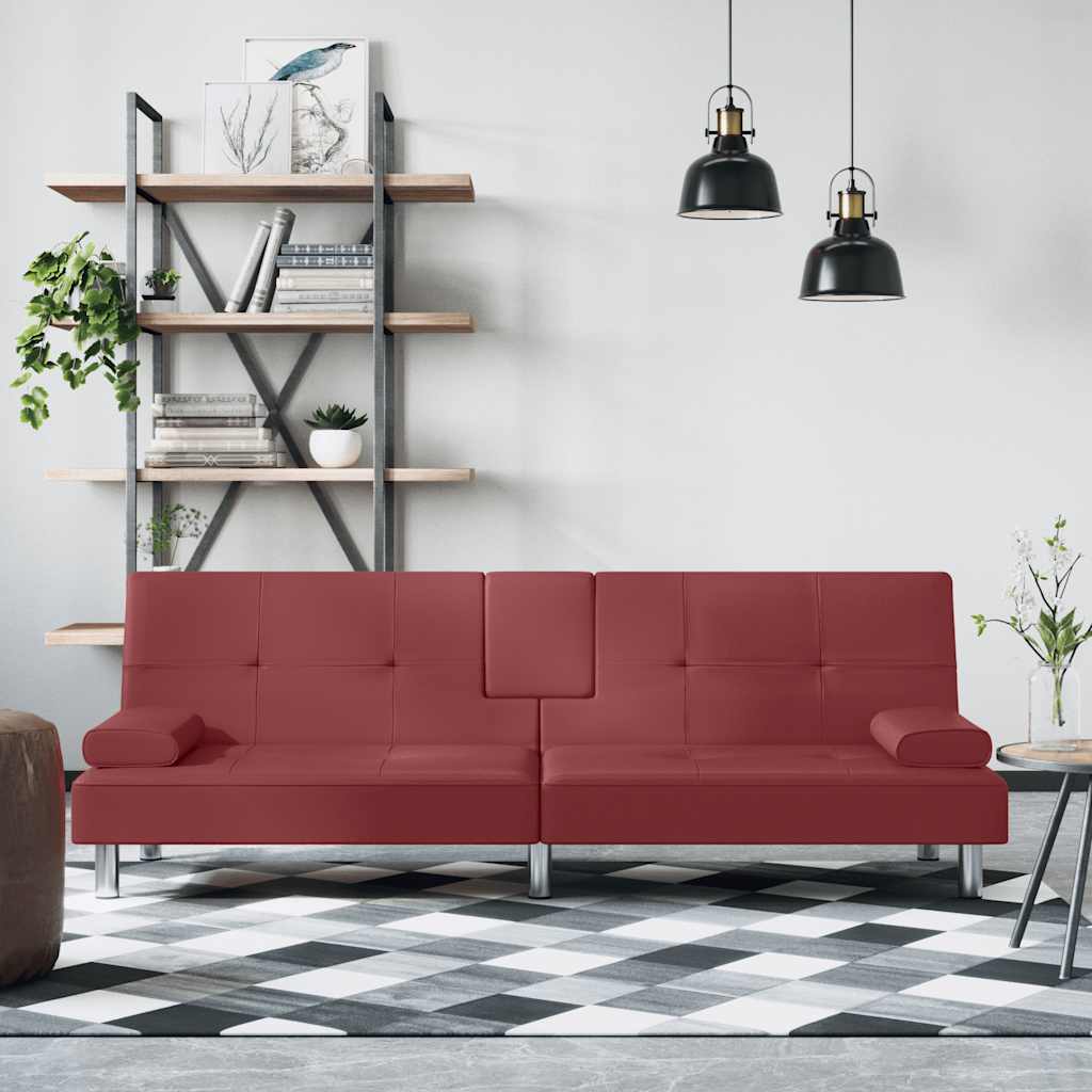Divano Letto con Portabicchieri in Similpelle Rosso Vino | homemem39