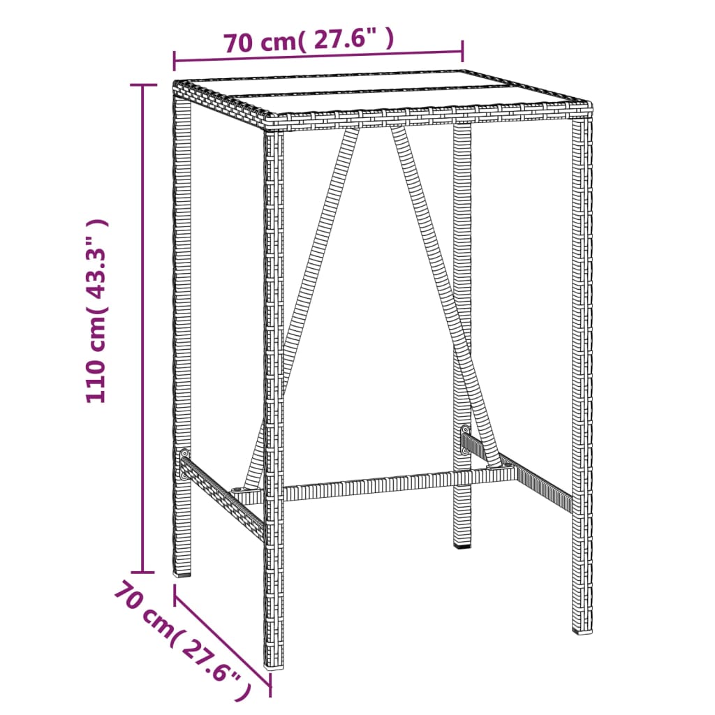 Bar Table with Black Glass Top 70x70x110 cm Polyrattan