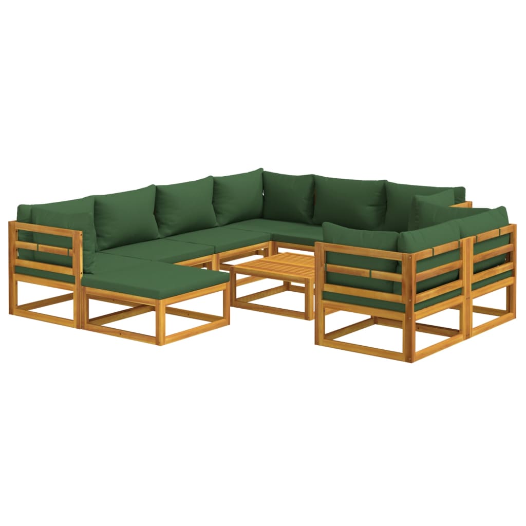 Set Salotto da Giardino 10pz con Cuscini Verdi Legno Massello - homemem39