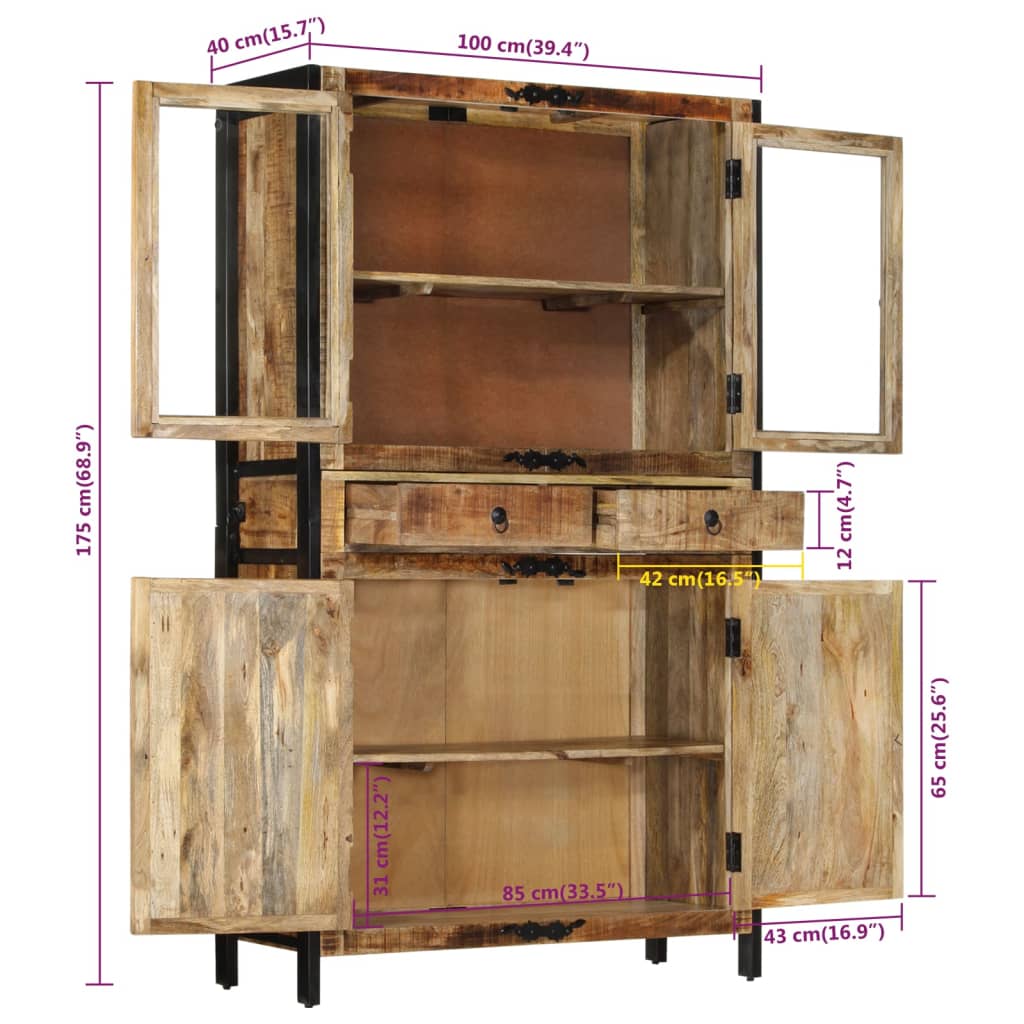 vidaXL Credenza 100x40x175 cm in Legno Grezzo Massello di Mango