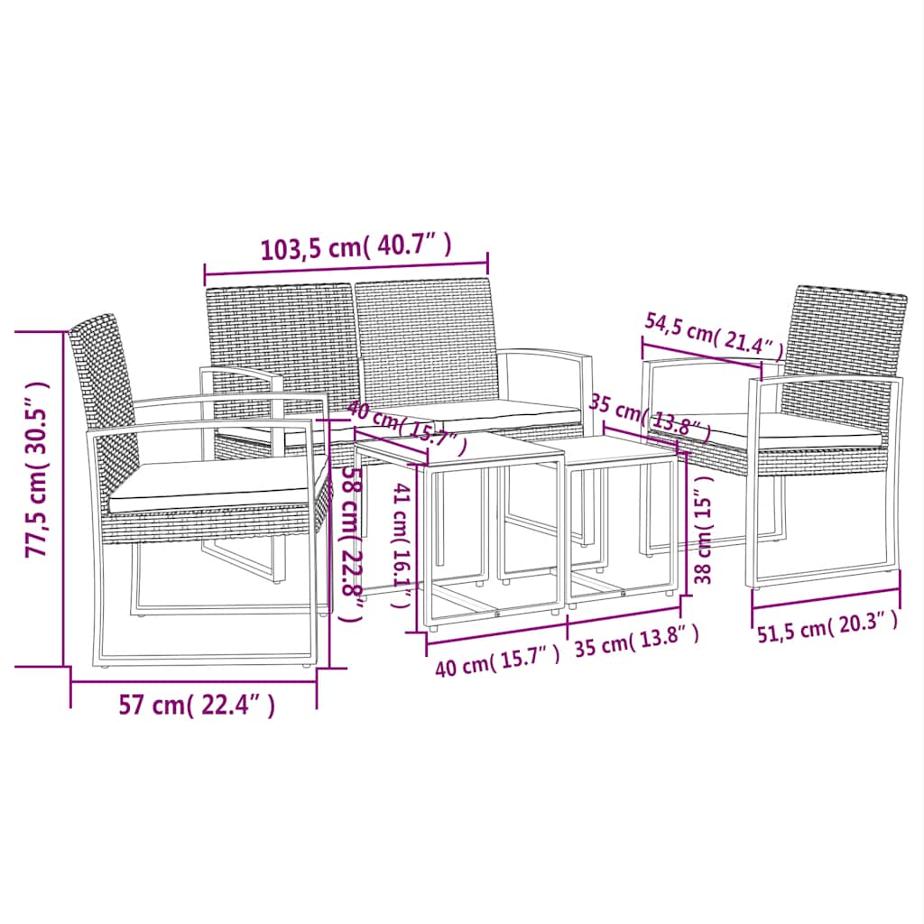 Set da Pranzo da Giardino 5 pz Nero con Cuscini in Rattan PP | homemem39