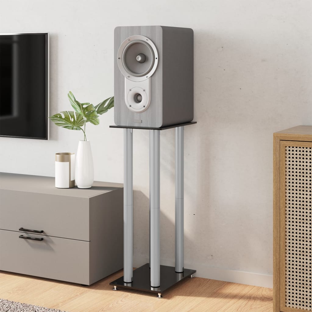 Pedane Casse 2pz Nero Argento Vetro Temperato Design 4 Pilastri - homemem39