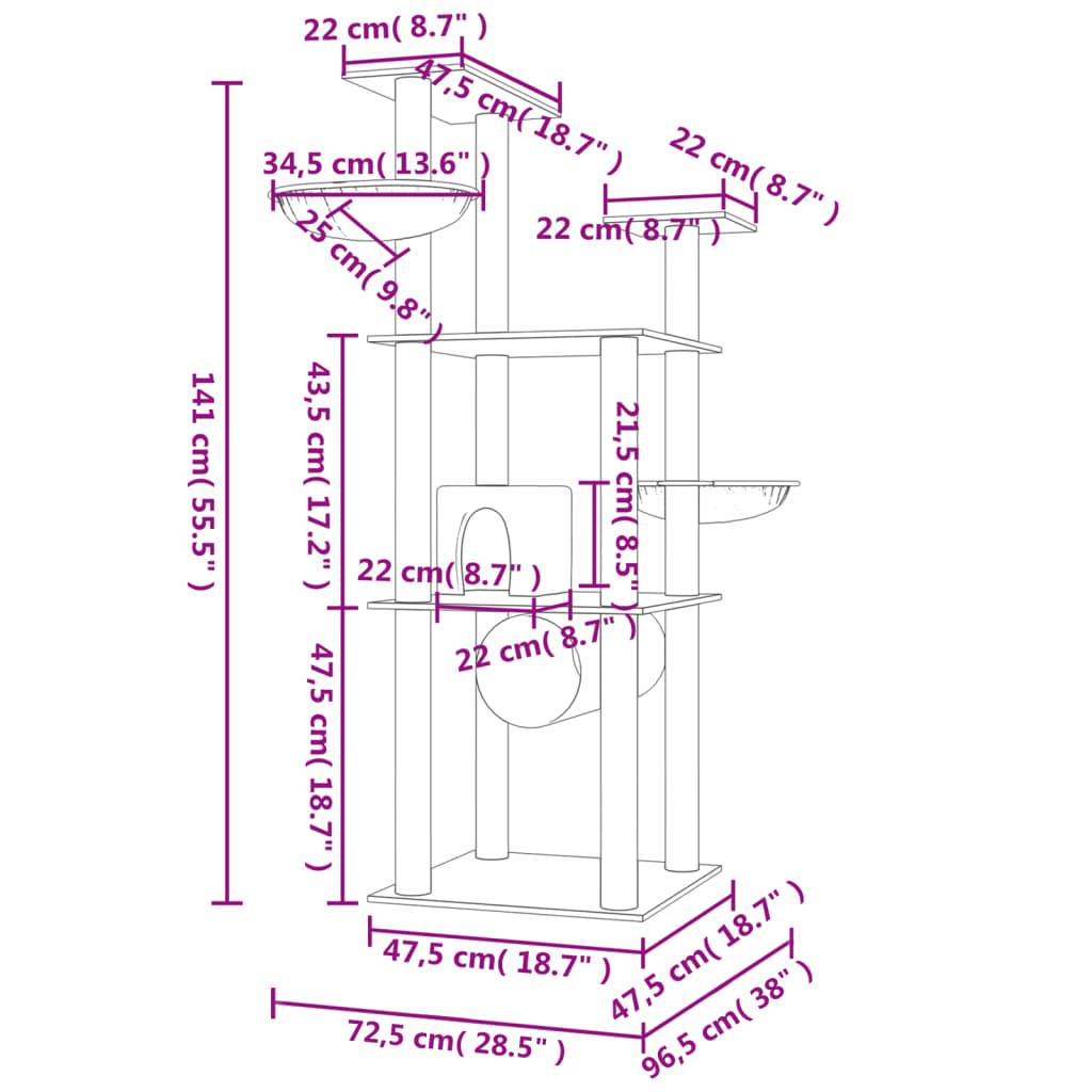 Albero per Gatti con Tiragraffi in Sisal Grigio Scuro 141 cm | homemem39