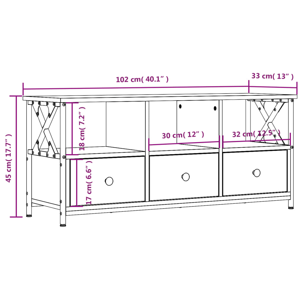 Mobile TV Rovere Sonoma 102x33x45 cm Legno Multistrato e Ferro