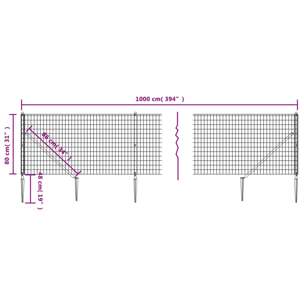 Metal Fence with Green Anchoring Pickets 0.8x10 m