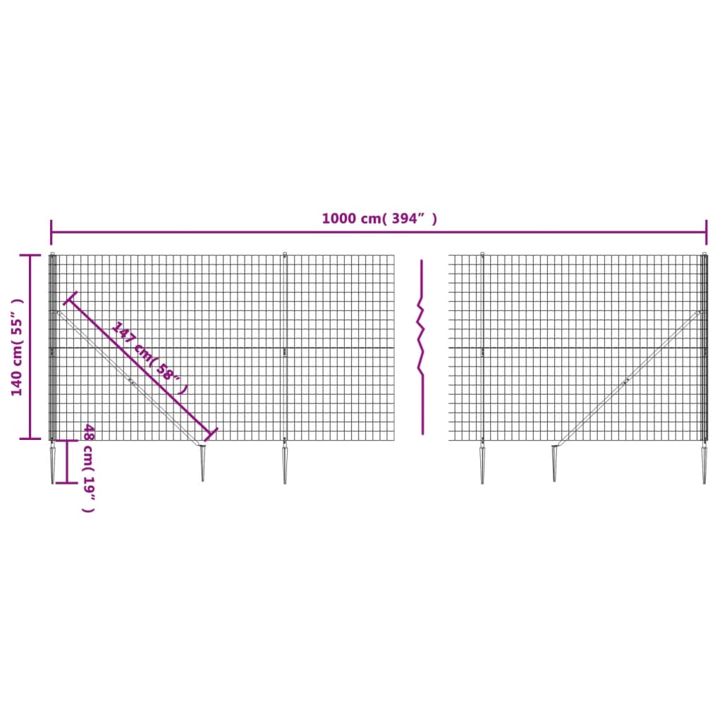 Metal Fence with Green Anchoring Pickets 1.4x10 m