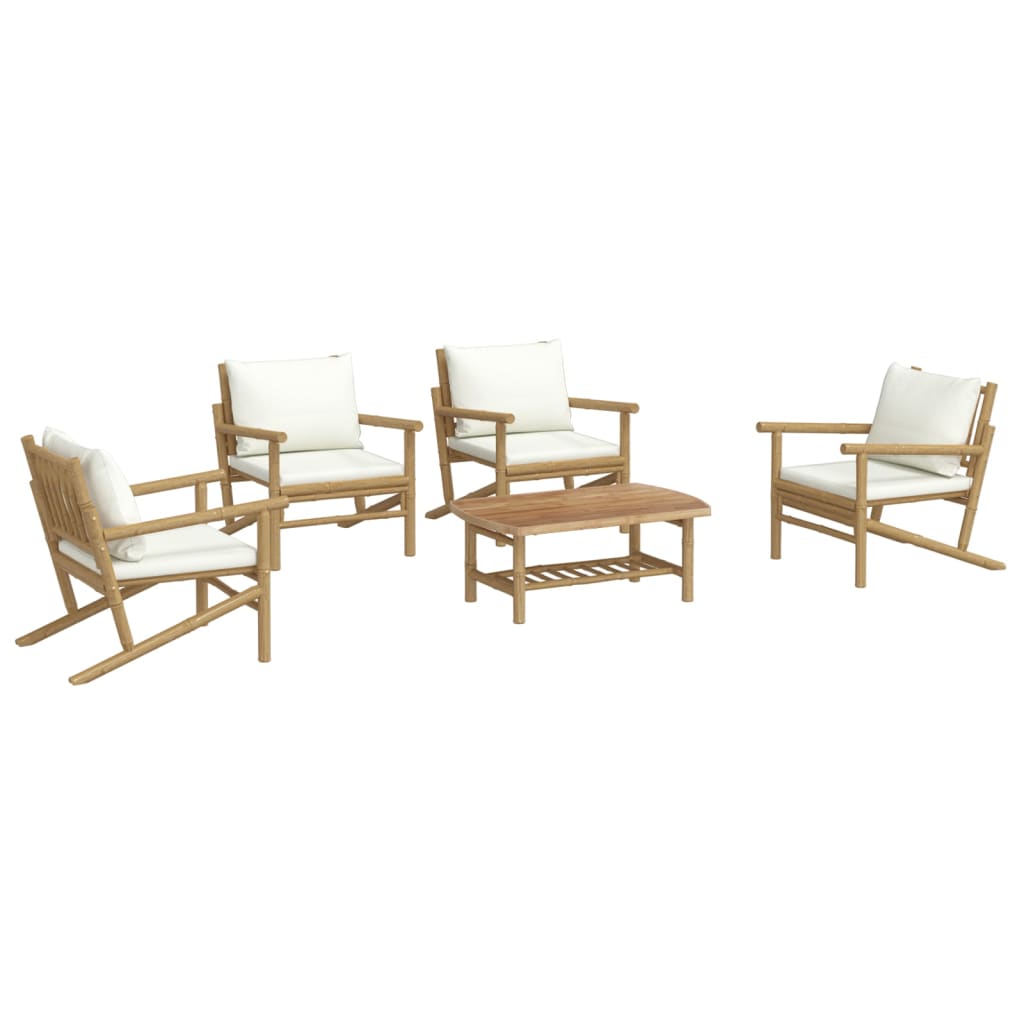 Set Salotto da Giardino 5pz con Cuscini Bianco Crema in Bambù - homemem39