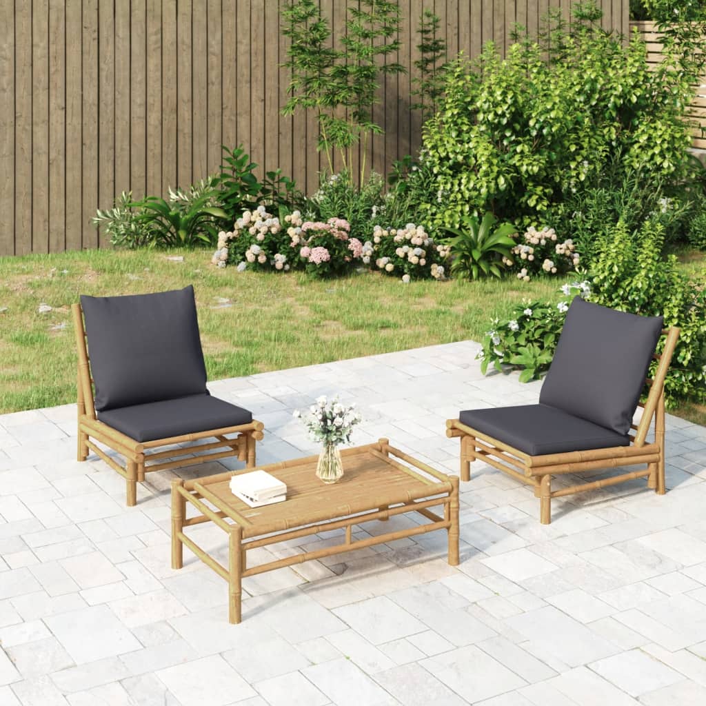 Set Salotto da Giardino 3pz con Cuscini Grigio Scuro Bambù | homemem39
