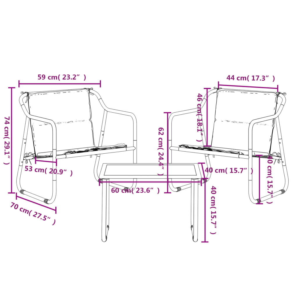 Set Salotto da Giardino 3 pz con Cuscini in Acciaio Antracite
