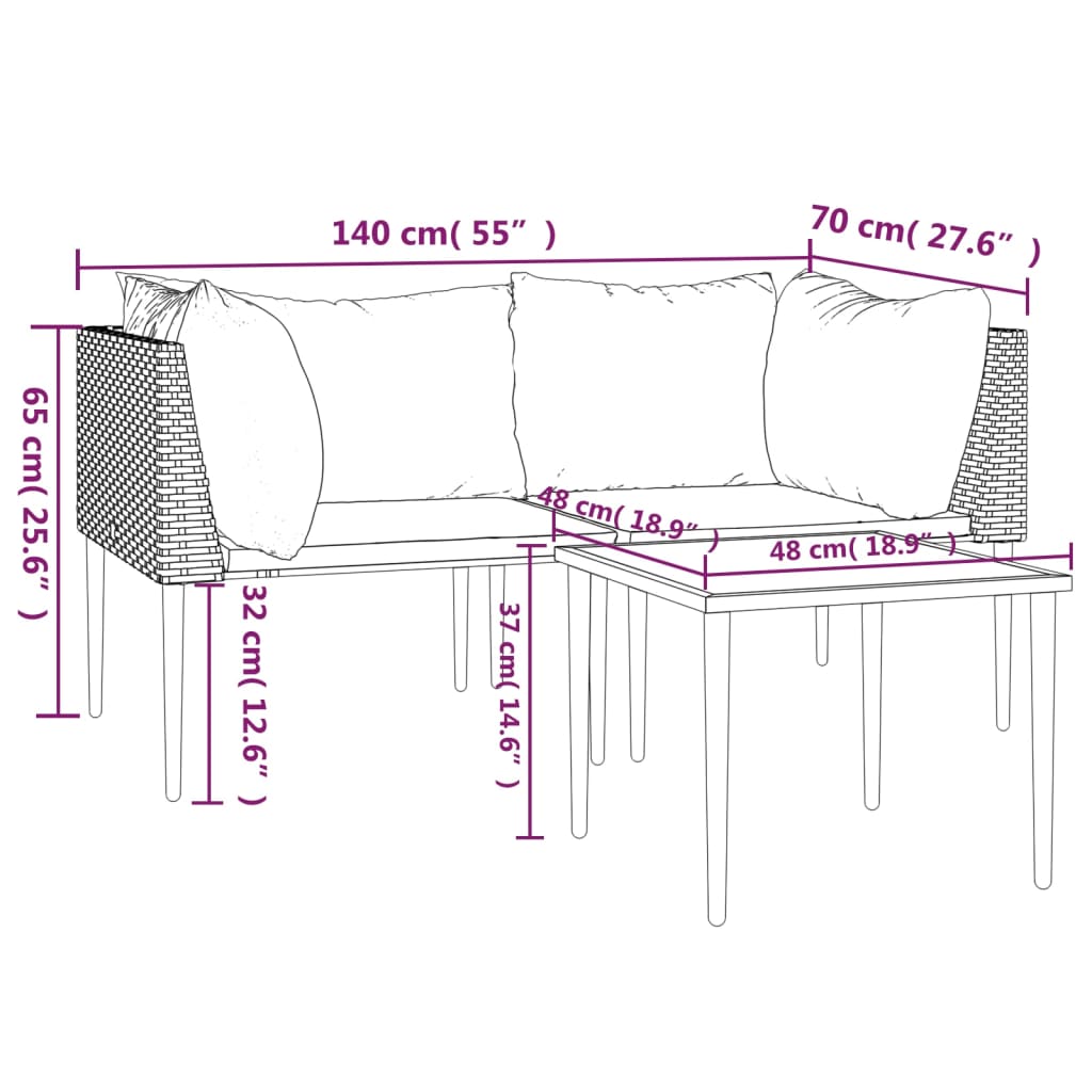 Set Divani da Giardino 3 pz con Cuscini in Polyrattan Grigio | homemem39